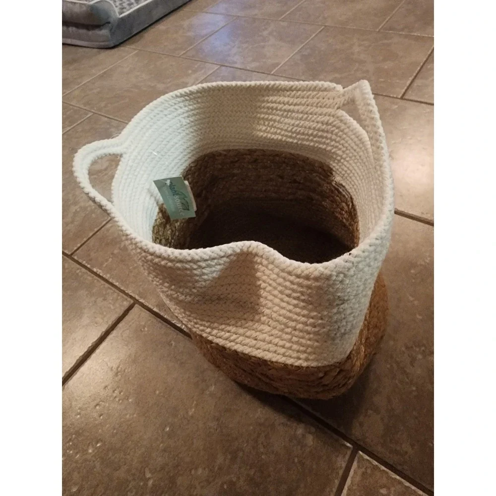 Plant Source 11 Inch Tropical Foliage Woven Jute Cotton Rope Basket Cream